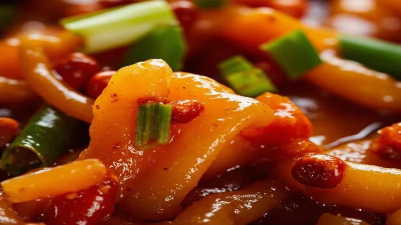 Sichuan Food Ingredients: Pantry Guide for Home Cooking 3 Close view of cooked pepper pieces and green stalks