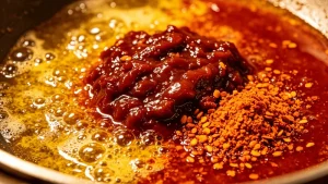 Chili bean paste and chili powder frying in oil