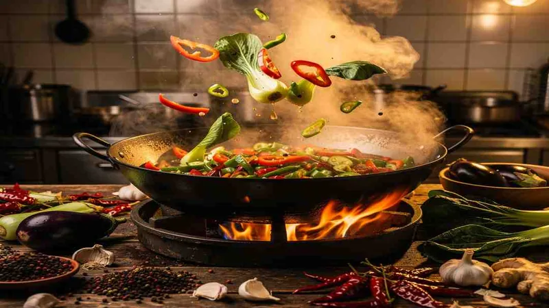 Best Sichuan Vegetable Recipes: Easy Home Cooking Guide 2 Illustration of vegetables stir-frying in a wok