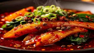 Illustrated close-up of vegetables in chili sauce